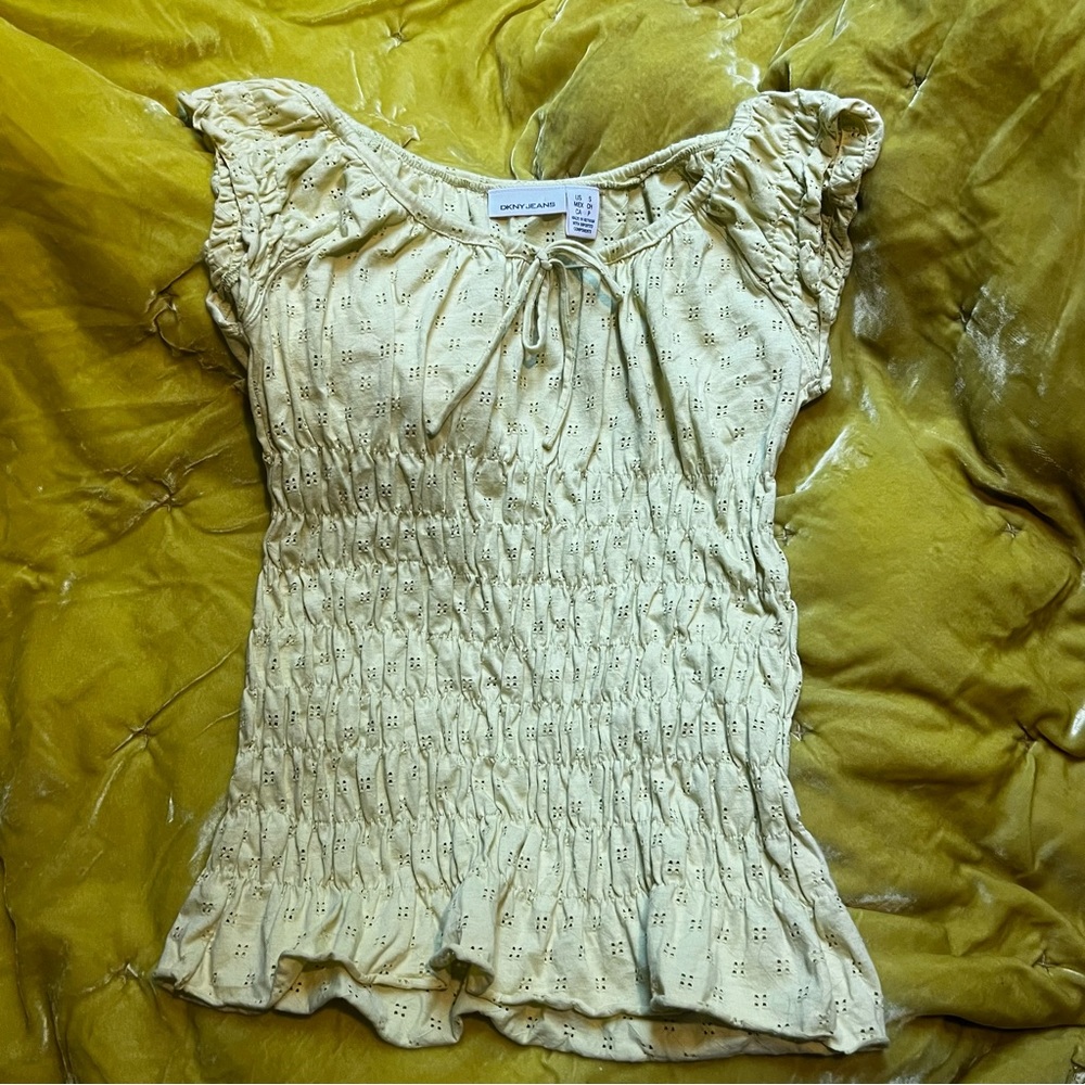 Vintage y2k 2000s DKNY eyelet pointelle light green yellow top